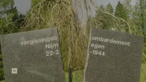 Een foto van een herdenkingssteen die in twee delen gebroken is. Erop staat de tekst "vergissingsbombardement Nijmegen 22-2-1944". Op de achtergrond zie je bomen.