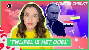 Een animatie van een jonge vrouw die jou bezorgd aankijkt. Naast haar zie een foto van Poetin. Op de achtergrond zie je enkele vlaggen van landen, en een gevechtsvliegtuig. Er staat de tekst "Twijfel is het doel".