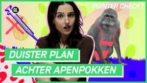 Een animatie van een vrouw die verschrikt kijkt. Een injectiespuit steekt in haar rechterschouder. Op de achtergrond zie je een aap met getekend ondergoed aan. Je ziet de tekst "Duister plan achter apenpokken".