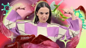 Een animatie van een vrouw die haar armen omhoog doet om haar spierballen te laten zien. Ze kijkt stoer. Op de voorgrond zie je een foto van levers. Op de achtergrond zie je plaatjes van tuinbonen en van moleculen.