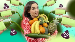 Een animatie van een jonge vrouw die veel fruit vasthoudt. Om haar heen zie je foto's van flessen met een groen sap dat eruit wordt gegoten. Je ziet ook emoji's van lachende drollen. 
