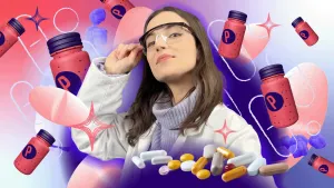 Een animatie van een jonge vrouw met een witte doktersjas aan en een veiligheidsbril op. Om haar heen zie je allemaal pillen en pillendoosjes getekend.