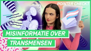 Een animatie van een vrouw die vellen papier omhoog houdt. Ze kijkt opzij en ze kijkt ernstig. Op de achtergrond zie je megafoons, roeptoeters die gebruikt worden bij demonstraties en protesten. Je ziet ook de tekst "Misinformatie over transmensen".