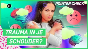 Een animatie van een vrouw die haar beide schouders vastgrijpt. Ze kijkt ernstig. Op de achtergrond zie je plaatjes van hersenen en ongelukkige smileys. Je ziet de tekst Trauma in je schouder?