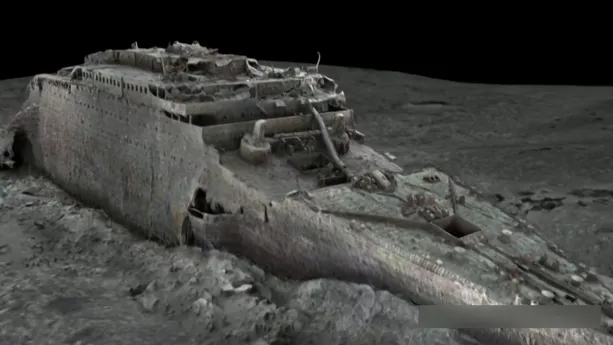 Een animatie van het grote schip de Titanic op de bodem oceaan waar het sinds 1912 ligt. Dit 3D-beeld is ontstaan door 700.000 foto's, gemaakt door een onderwatercamera vanuit verschillende hoeken, samen te voegen tot één driedimensionaal beeld.