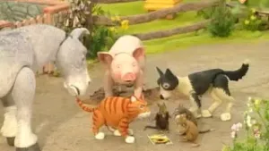 Een foto van een paard, een varken, een kat, een hond en drie ratten. Ze kijken allemaal naar de grond. Daar ligt een plaatje van een zonnebloem.