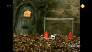 Een foto van Piertje die keeper is. Ze staat in een doel en voor haar ligt een voetbal. Op de grond liggen allemaal bladeren. 