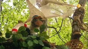 Een foto van Arie in het bos. Naast hem zie je een lamp, wat touwen, een doek en een reddingsboei aan de boom hangen. 