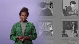 Een foto van een presentator met rechts een foto van enkele plaatjes uit een boek, een graphic novel van een jongen die de klas ingaat en les krijgt. Een graphic novel bestaat uit getekende plaatjes met tekst en heeft vaak een ingewikkelde verhaallijn.