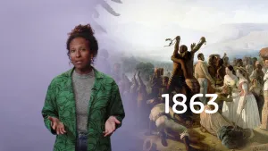 Een foto van een presentator met daarnaast een schilderij. Voor het schilderij staat het jaartal 1863. Op het schilderij kijken twee mensen die voor 1863 slaaf waren in de lucht. Een man met geheven handen met kettingen erin en een vrouw die hem omhelst.