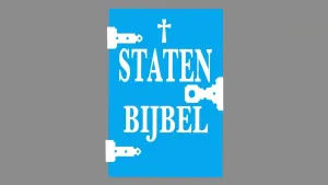 Een tekening van een lichtblauw boek met een klein wit kruis aan de bovenkant van het boek. Daaronder is in witte letters de tekst "Statenbijbel" op het boek te lezen. De achtergrond van de tekening is grijs van kleur.  