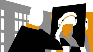 Een tekening waarop het achterhoofd van Rembrandt van Rijn te zien is. Hij is bezig een schilderij te schilderen. Het is een portret van een man met een grote witte doek om zijn hoofd. De man zit achter de schildersezel waar het schilderij op staat. 