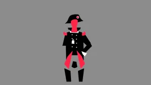 Een tekening zonder ingetekend gezicht van Napoleon Bonaparte, de leider die vroeger de macht had over het Franse leger. Hij draagt een zwart vest met zwarte hoed. Hij steekt zijn hand in zijn vest, wat hij altijd deed als hij een toespraak gaf.