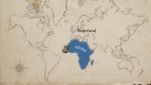 Een tekening van de wereldkaart, waarop het continent Afrika in het blauw is weergegeven met de naam "Afrika" erop en Nederland met naam en rode stip. Naast Afrika staat een boot waarin slaven 150 jaar geleden vervoerd werden naar het Caribisch gebied. 