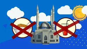Een animatie van een moskee tegen een blauwe achtergrond met witte wolken en een zon. Naast de moskee staat links een tekening van een bord eten met een rood kruis erdoor en rechts een tekening van een glas drinken met een rood kruis erdoor. 