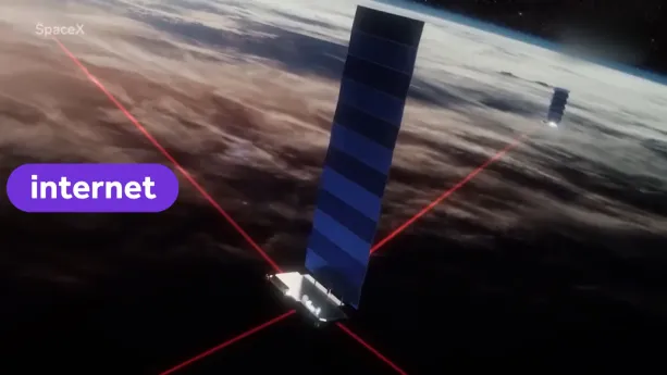 Een animatie van een satelliet in de ruimte. Bij de rechthoekige onderkant van de satelliet loopt vanaf ieder van de vier kanten een rode lijn. Eén lijn loopt naar een andere zichtbare satelliet toe. Aan de linkerkant is het woord "internet" te lezen.