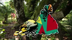 Een foto van tropische bomen en planten. Op de boom vooraan hangt een bord waarop rechts de letters "a" ,"n" en "g" nog te lezen zijn. Voor de foto is een tekening te zien met daarop een open zakje met geld, vijf losse munten en een dichtgeknoopte zak.