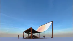 Een animatie van een soort groot dak. Het bestaat uit vier palen, twee korte en twee lange, en daartussen hangt een groot doek. Onder het dak staat een trap die omhoog en omlaag gaat. Ook lopen en zitten mensen onder en naast het dak.