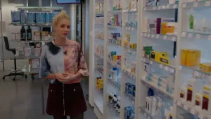 Een foto van presentator Janouk in een apotheek. Ze staat naast een grote kast vol doosjes medicijnen.