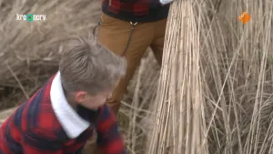 Een foto van een jongetje die op de grond zit en met riet bezig is. Op de achtergrond zijn de benen van boswachter Tim te zien.