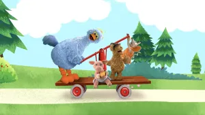 Tekening van plat houten karretje dat over de weg rijdt met vier figuren van Sesamstraat erop waaronder Pino.