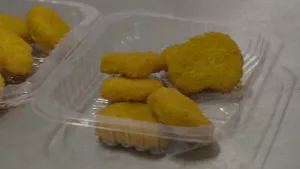 Foto van vegetarische nuggets in plastic bakjes.