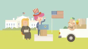 Tekening van het Witte Huis, man bij de Amerikaanse vlag houdt een toespraak, zijn vrouw zit ernaast.