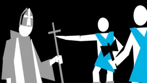 Een tekening met links de Engelse monnik Willibrord zonder gezicht met een meiter met een kruis op, zoals Sinterklaas, en een staf in de vorm van een kruis in zijn handen. Rechts twee mannen in een blauw pak: de één wijst, de ander heeft een hakbijl vast.