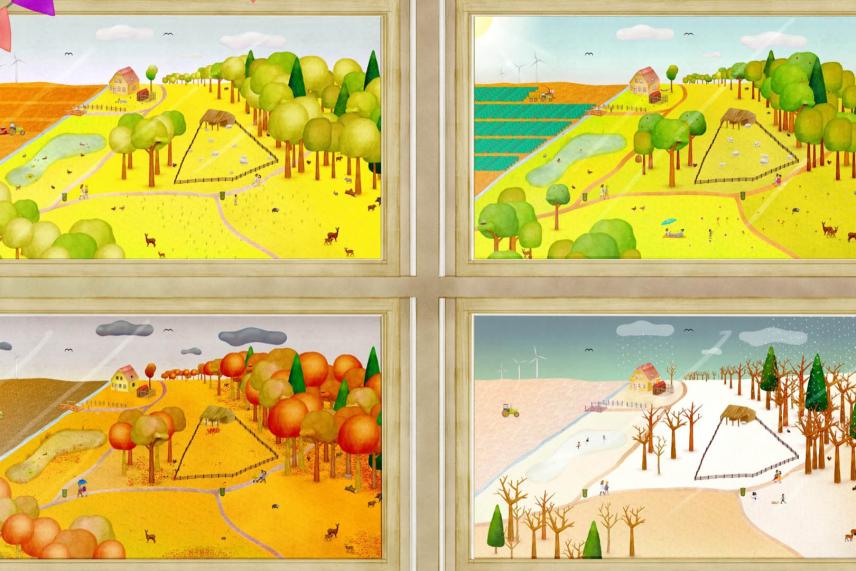 Illustratie met vier afbeeldingen van een landschap in de zomer, herfst, winter en lente.