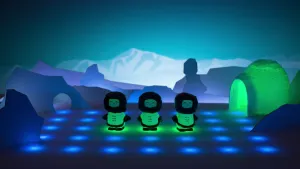 Tekening van toneelachtige ruimte met op achtergrond hoge witte bergen, op het toneel staan drie figuurtjes, Eskimo's, naast een iglo.