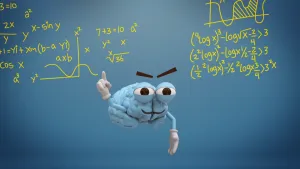 Een animatie van een blauw stel hersenen, dat naar boven wijst met zijn rechterhand. Boven de hersenen staan in gele tekst en cijfers allemaal ingewikkelde formules geschreven en staan ook twee getekende grafieken.