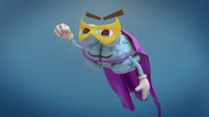 Een animatie van een blauw stel hersenen dat met zijn rechtervuist geheven de lucht in vliegt. Het stel hersenen heeft een geel oogmasker op en een paarse cape om. Door deze kleding lijken de hersenen op een superheld.