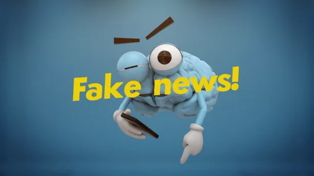 Een animatie van knipogende, blauw gekleurde hersenen die in de rechterhand een mobiele telefoon in handen hebben. De hersenen wijzen naar beneden met de linkerhand. Voor de animatie staat de gele tekst "Fake news!".