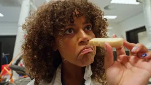 Een foto van Quinty met een koekje tussen haar duim en wijsvinger. Quinty kijkt ontevreden, omdat haar mondhoeken naar beneden hangen. Het koekje is geprint met een 3D-printer. Quinty kijkt er niet naar uit om het koekje te gaan proeven.