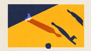 Een tekening waarop de lichtblauwe en doorzichtige vorm van een mens op een gele ondergrond zit en naar een blauwgrijs gedeelte links kijkt. Op de gele ondergrond zijn rechts twee schaduwen van mensen die achter de schaduw van een voetbal rennen te zien. 