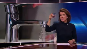 Een foto van de presentator die aan tafel zit in de studio. Ze houdt een glas met water omhoog met haar rechterhand. Op de achtergrond is er een open keukenkraan te zien waar een glas onder wordt gehouden.