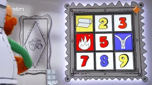 Een foto van een grijze schilderijlijst met plaatjes erin van cijfers en dingen. Links zit een pop in een witte stoel. Het is een memoryspel. Er zijn drie van de negen vakjes omgedraaid en drie plaatjes zichtbaar: een rol papier, een vuur en een rits. 
