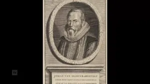 Een illustratie van Johan van Oldenbarnevelt met daaronder zijn titels zoals advocaat van Holland. Hij was een bekend persoon in de Nederlandse geschiedenis.