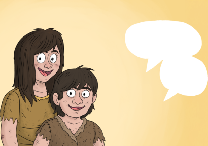 Een tekening van een meisje en een jongen in eenvoudige handgemaakte kleding uit de tijd van de hunebedbouwers. Rechts staan twee witte spraakballonnen.