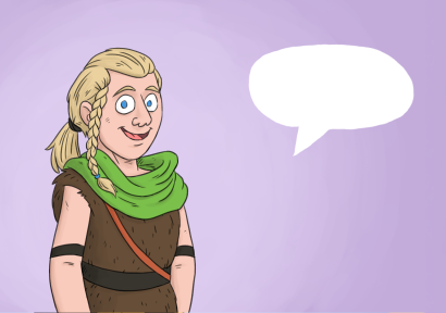 Een illustratie van een blonde jongen met een vlecht in eenvoudige kleding uit de Romeinse tijd, een soort bruine jurk met een groene sjaal. Er staat een spreekwolkje naast hem.