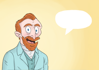 Een illustratie van de schilder Vincent van Gogh, een man met kort rood haar, een rode baard en blauwe ogen. Er staat een spreekwolkje bij hem.