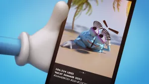 Een animatie van een hand met een mobiele telefoon met de teksten "386.254 likes" en "Vacay Summer 2023" op het scherm. Daarboven staat een blauw stel hersenen die op het zand aan zee liggen. De hersenen lachen en kijken omhoog met ogen met grote wimpers.