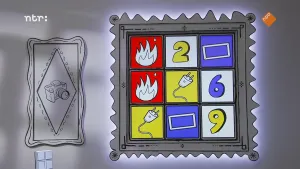 Een foto van een grijze schilderijlijst met plaatjes erin van cijfers en dingen naast een getekende fotocamera. Het is een memoryspel dat wordt gespeeld. Combinaties van een rechthoek, stekker en een vuur zijn geraden, vakjes 2, 6 en 9 zijn nog te zien.