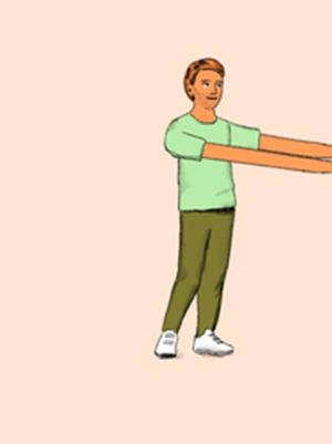 Twee figuren staan naast elkaar. De een steekt zijn armen uit.