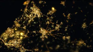 Een foto van Nederland in de nacht. De foto is genomen vanuit de ruimte. Je ziet veel verlichte gebieden. Dat zijn steden zoals Rotterdam, Amsterdam en Utrecht. De snelwegen zijn ook duidelijk te zien. 