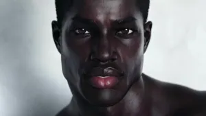 Een foto van het hoofd van een mannelijk zwart model. Hij kijkt in de camera.