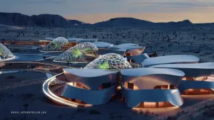 Een foto van een mogelijk toekomstige woningen op een andere planeet. Je ziet woningen die er heel anders uitzien dan waar we nu in wonen. Ze hebben ronde vormen. Op de achtergrond zie je een soort woestijn met bomen erin.
