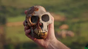 Een foto van een hand die een heel oude schedel vast houdt. Het is de schedel van een vroege mensensoort. Hij bestaat uit stukjes gevonden schedel en de rest is met klei gemaakt, zodat je de hele schedel ziet.