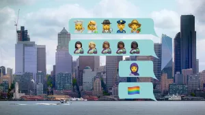 Foto van een skyline met daarop verschillende emoji's geplakt.