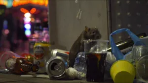 Een foto van een grijze rat tussen los afval, bestaande uit blikjes, glazen flesjes en plastic bekertjes. De rat staat met zijn voorpoten op een plastic beker die nog voor meer dan de helft gevuld is met een bruinkleurige frisdrank.